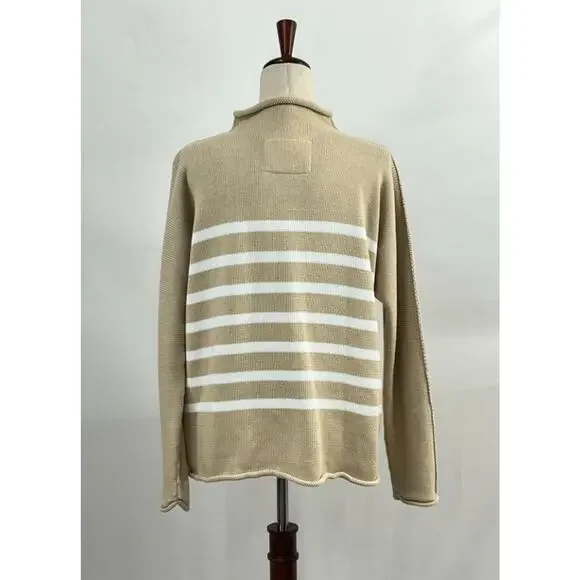 FRANK & EILEEN Sz S Small Tan White Stripe Monterey Roll Neck Sweater